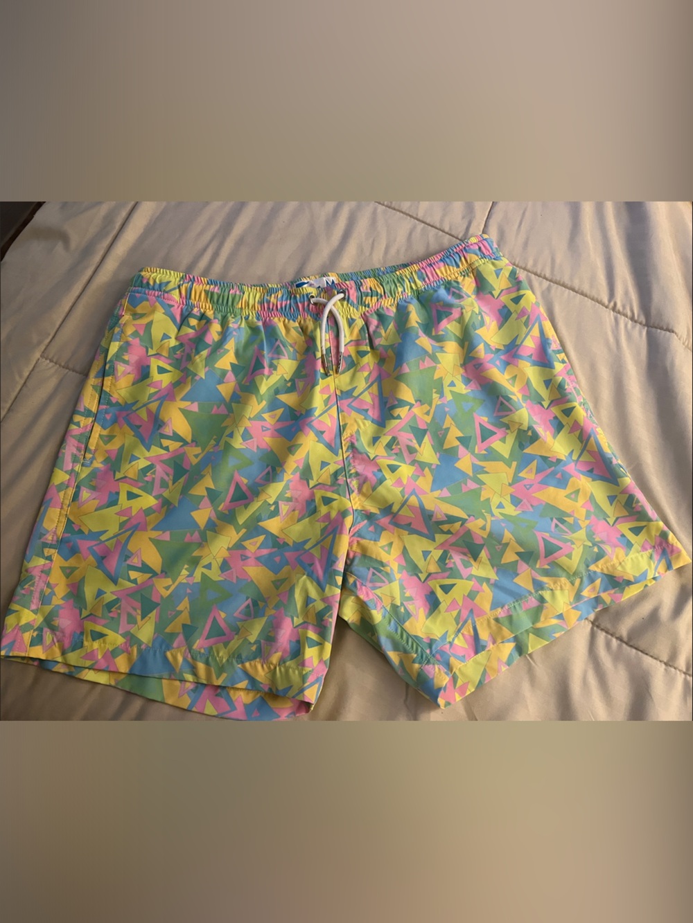 Men's Pastel Geometric Swim Trunks - Yellow, Pink & Blue